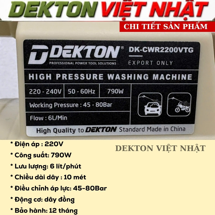 Máy rửa xe Dekton DK-CWR2200VTG: Công suất 790W - Ảnh 3