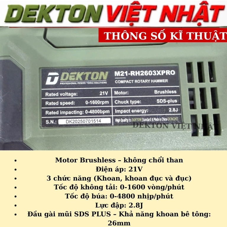 Thân máy khoan đục Dekton M21-RH2603XPRO - Ảnh 3
