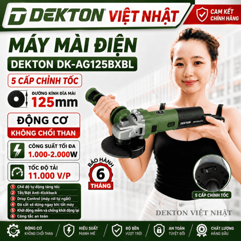 Máy mài góc Dekton DK-AG125BXBL 125mm - động cơ không chổi than, công suất tối đa: 1.000 - 2.000W, tốc độ không tải 11000v/p