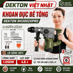MÁY KHOAN ĐỤC BÊ TÔNG DEKTON RH3002XPRO,công suất 1050W, lực đập 4.8J, tốc độ đập: 4.700 lần/phút