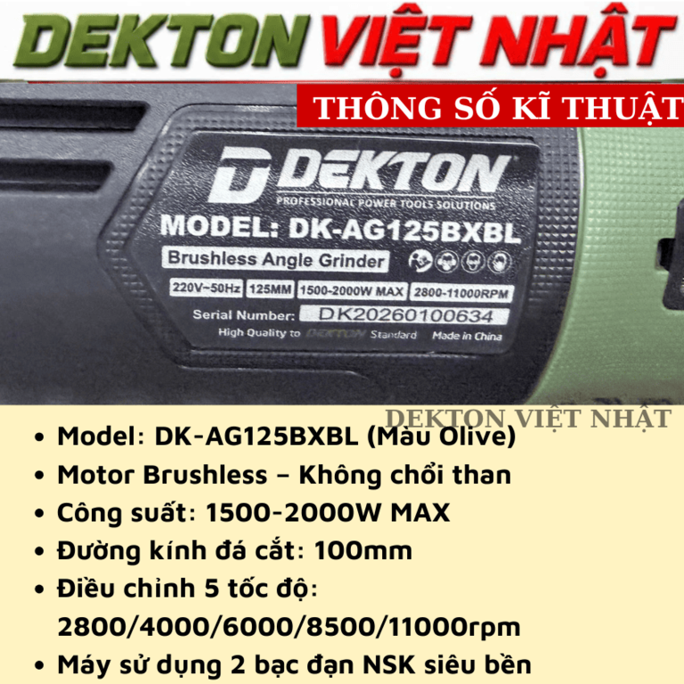 Máy mài góc Dekton DK-AG125BXBL 125mm - động cơ không chổi than, công suất tối đa: 1.000 - 2.000W, tốc độ không tải 11000v/p - Ảnh 3
