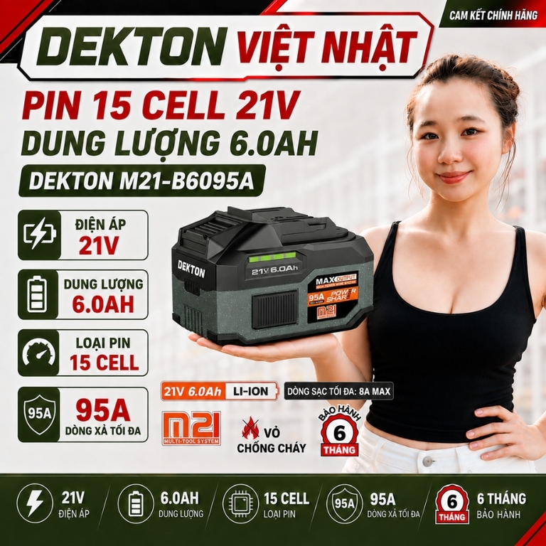Pin 15cell 21v Dekton M21- B6095A, dung lượng 6.0A