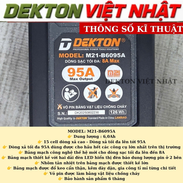 Pin 15cell 21v Dekton M21- B6095A, dung lượng 6.0A - Ảnh 3