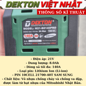 Alternative view of Pin DEKTON M21-B8140PRO sử dụng 10 cell Samsung, dung lượng 8.0Ah, dòng xả tối đa 140A