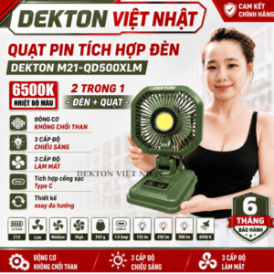 Quạt Pin Tích Hợp Đèn DEKTON M21-QD500XLM 2 Trong 1, Động Cơ Không Chổi Than, 3 Cấp Gió, Ánh Sáng 6500K