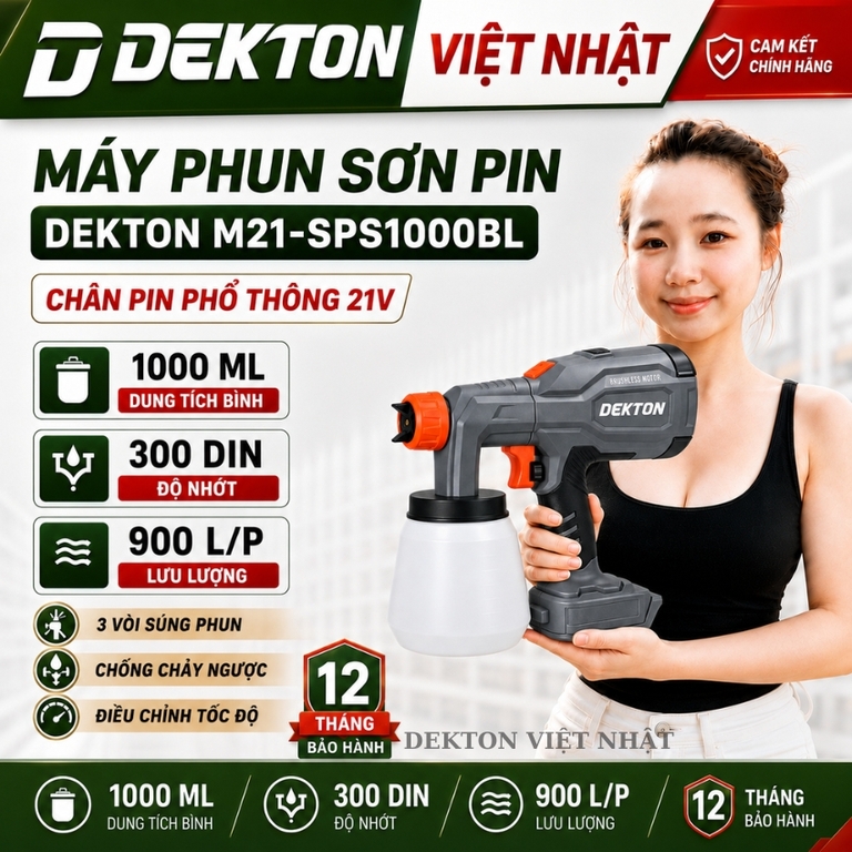 Máy phun sơn pin Dekton M21 - SPS1000BL, lưu lượng 9000l/p, độ nhớt 300din