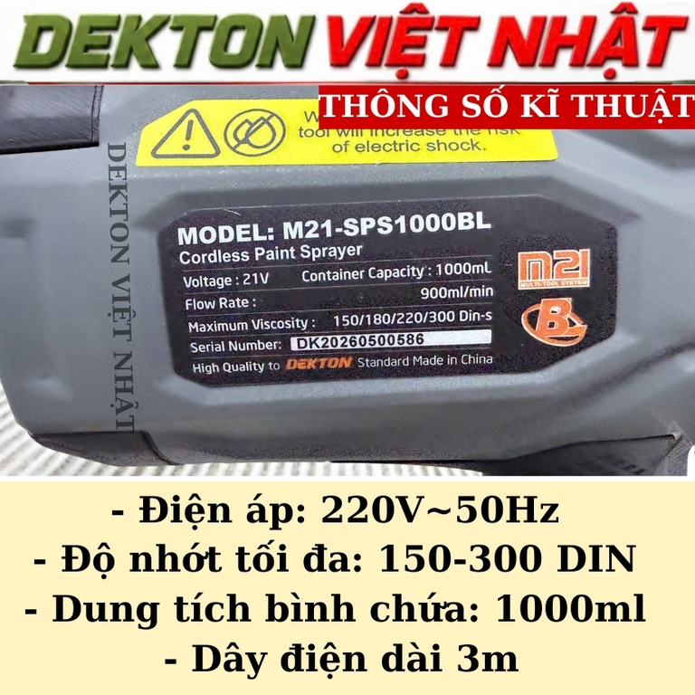 Máy phun sơn pin Dekton M21 - SPS1000BL, lưu lượng 9000l/p, độ nhớt 300din - Ảnh 3